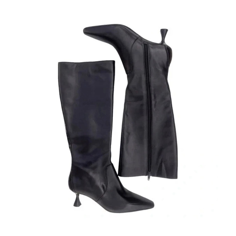 NWOB Alex Marie Sleek Black‎ Kitten Heeled Boots Croc Leather Stripe Size 6